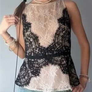 Elegant Nude and Black Lace Overlay Women's Top